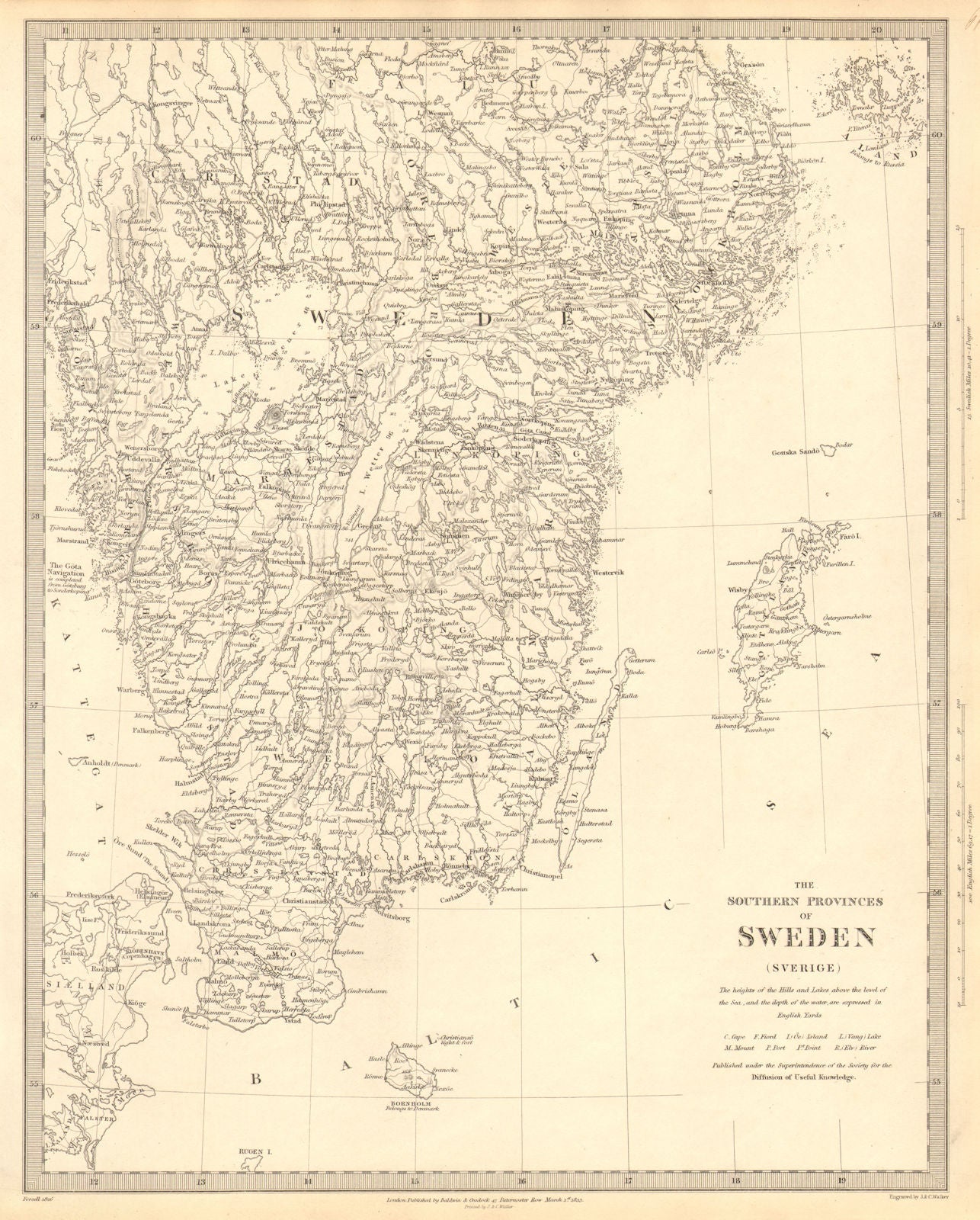 SWEDEN. the Southern Provinces of Sweden (Sverige) . SDUK 1848 old antique map